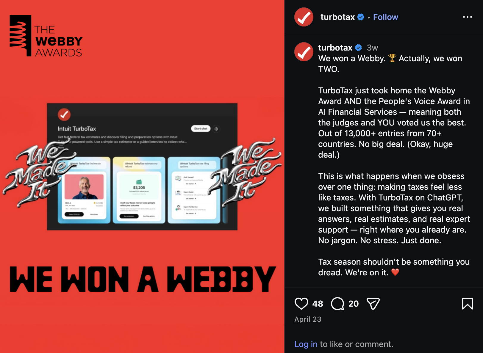 TurboTax Webby Award announcement on Instagram